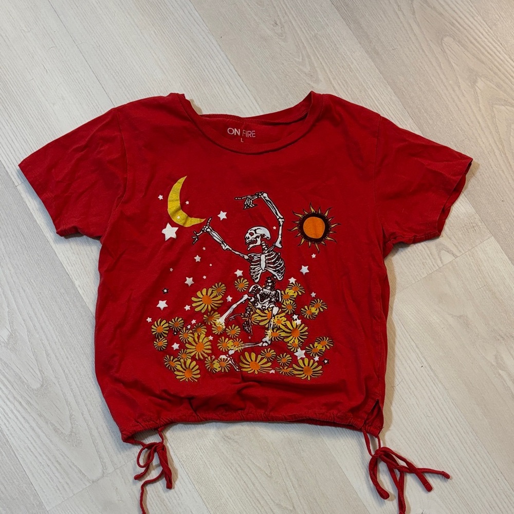 On Fire Red Kids Tee with Skeleton and Floral Design